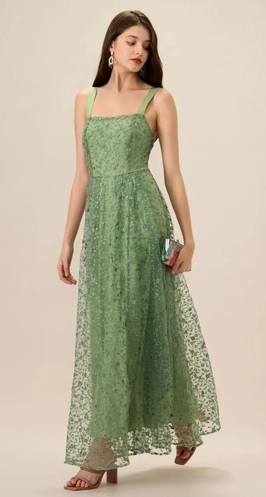 RIHOAS Women's Green Embroidery Mesh Slip Maxi Dress XS - Image 3