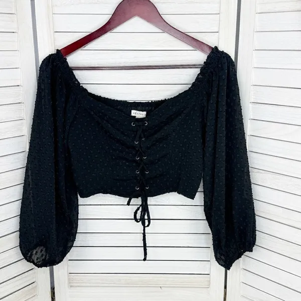 Aeropostale Clip Dot Lace Up Off The‎ Shoulder Crop Top Black Medium Sheer Indie - Image 9