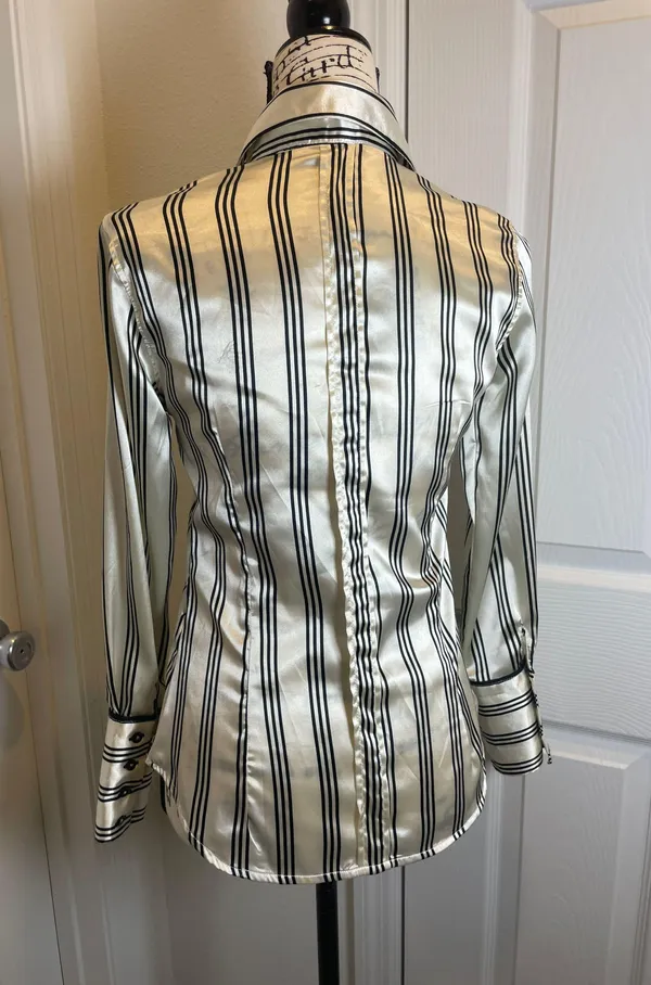 ZARA Satin Office Blouse STRECH Size Small Cream Black Lines Preppy Chic - Image 3