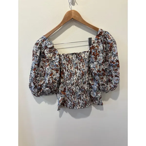 Abercrombie Fitch Womens Smocked Square‎ Neck Puff Sleeve Floral Crop Top Size S - Image 3
