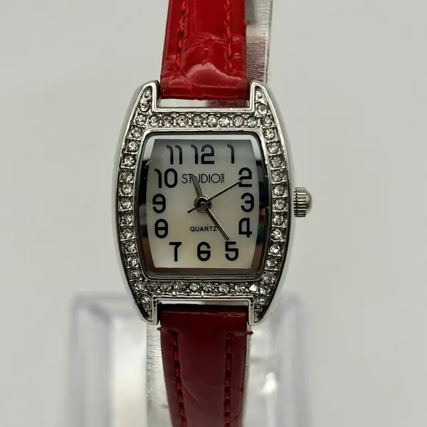 Studio Time Mother Pearl Crystals Red Band Women’s Watch Working New Battery - Image 2