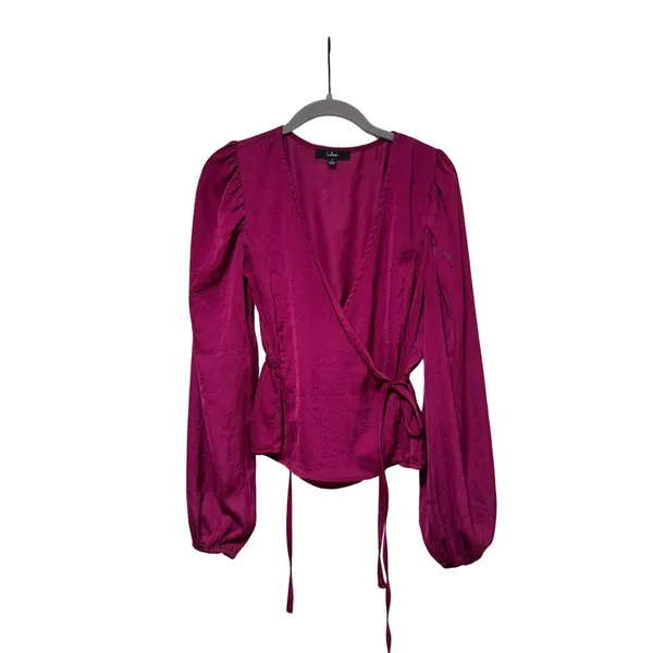 Lulus S Fuchsia Wrap Blouse with Puff Sleeves - Image 2