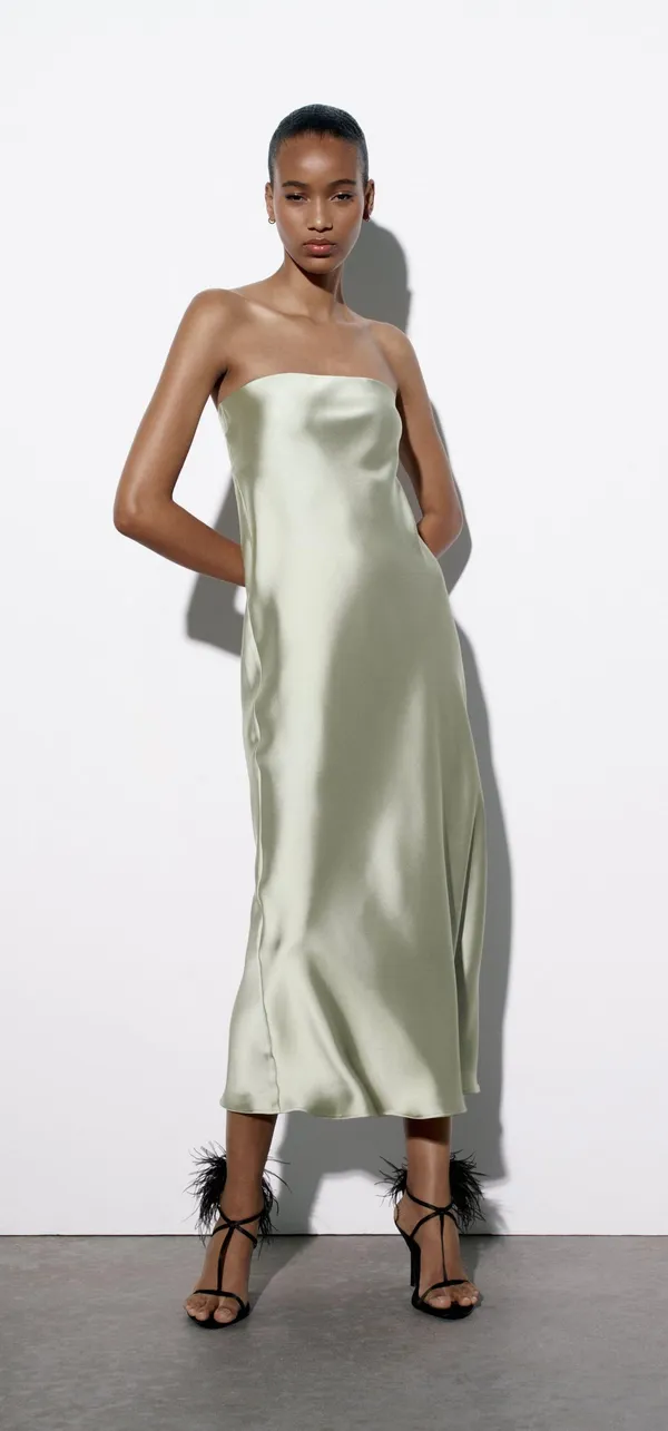 ZARA midi dress satin sleeveless tube olive green wedding party summer - Image 11
