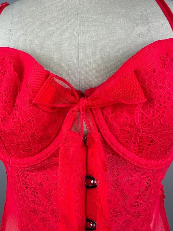 Victoria's Secret Red Lace Mesh Bustier Teddy 36C Y2K Ruffle - Image 10