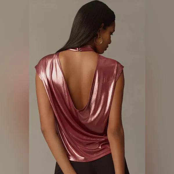 By Anthropologie • Cowl-Neck Liquid Shine Top Pinkish Red - Image 15