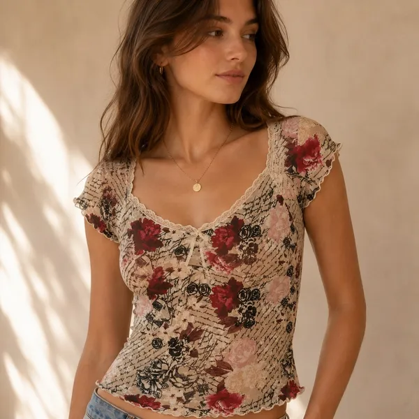 Almost Famous Sheer Floral Graphic Mesh Going Out Top Y2K Boho Size L - Image 2