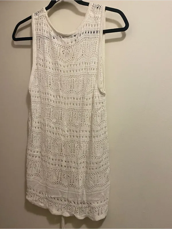 Womens M Medium 38” Tank Top White Crochet Knit V Neck Boho Beach Festival - Image 6