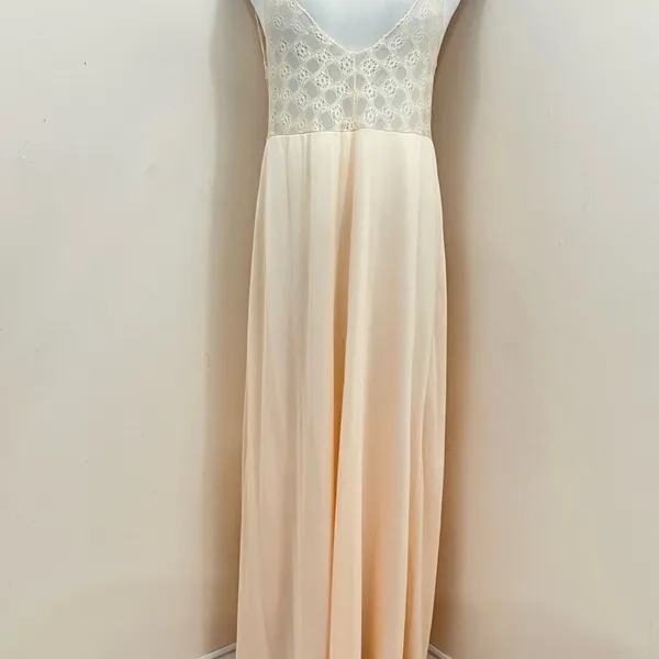 Vintage 70’s Peach Nylon & Lace Maxi NightGown Plunging Neckline L - Image 2
