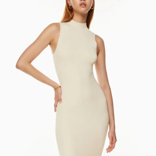 Aritzia Babaton‎ Cream Midi Dress Mock Neck Cut Out Open Back Large - Image 3