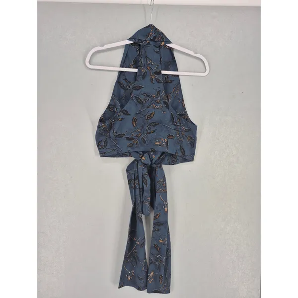 Molly Green Womens Crop Top Blue Floral Halter Tie Front Boho M - Image 3