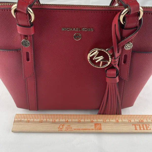 Michael Kors Red Saffiano‎ Leather Satchel Crossbody Bag Gold Hardware Tassel - Image 7