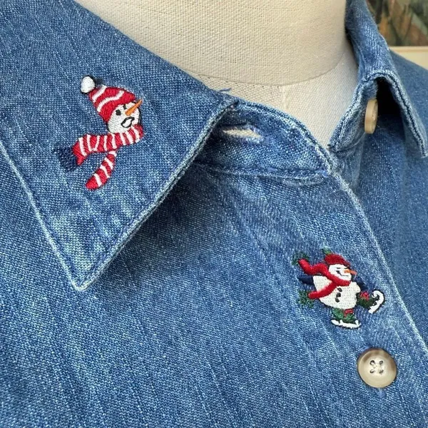 Vintage Northern Tradition Snowman Denim Chambray Button Up Shirt XL - Image 2