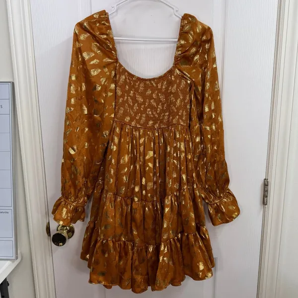NEW Aeom copper gold leaf smocked tiered puff sleeve‎ babydoll mini dress small - Image 6