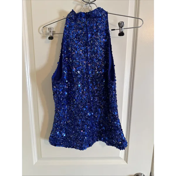 Vintage Laurence Kazar Blue Silk Hand Sequined‎ Halter Top Sz Small 90's Retro - Image 5