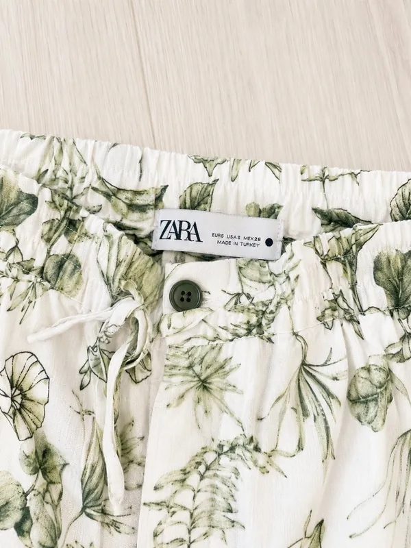 Zara Floral Print High-Waist Drawstring Wide Leg Trousers Ecru Green Sz S - Image 3