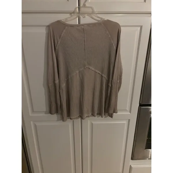 POL Womens Taupe Ribbed Mixed Media V-Neck Long Sleeve Top RCT961‎ Small - Image 4