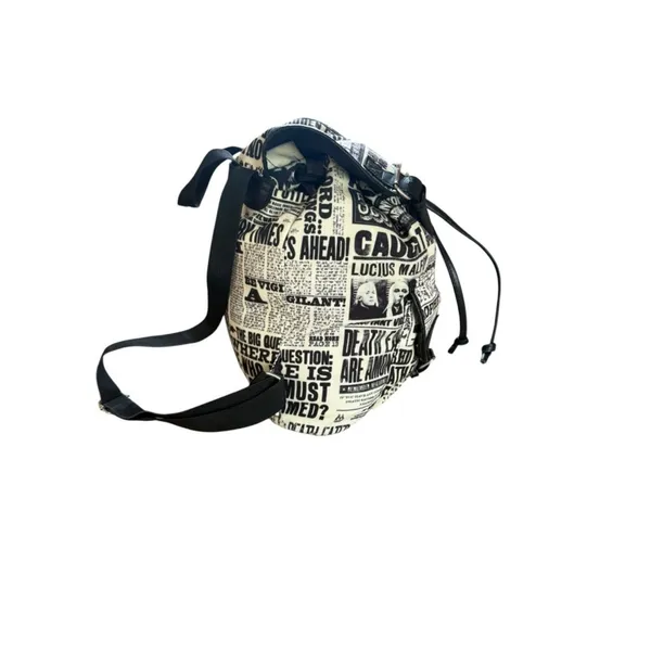 Black & White Newspaper Print Drawstring Backpack - Image 10