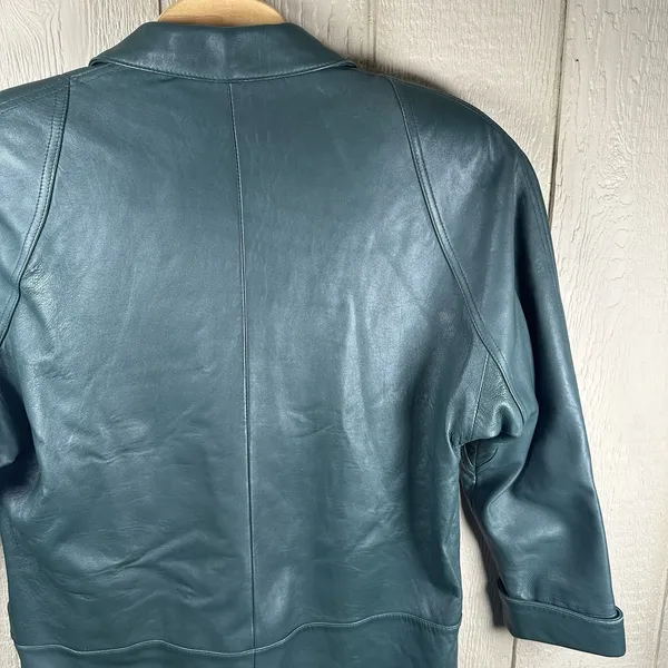 Vintage Tibor Womens Medium Green Leather Coat Jacket Mid-Length Shoulder Pads - Image 5