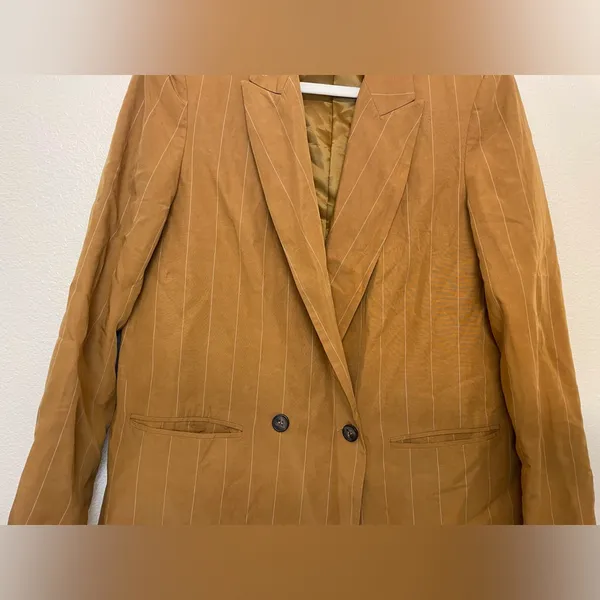 Zara Women’s Linen-blend Striped‎ Blazer Jacket in Mustard Yellow Size S - Image 5