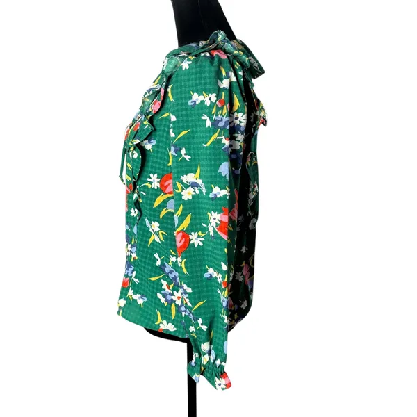 LOFT Green Floral Blouse Ruffle Tie Neck‎ Size XXSP Fairy Cottage Feminine - Image 4
