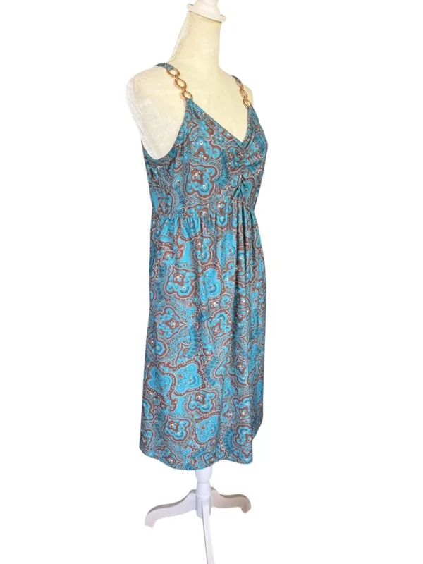Women's blue and brown summer dress with pockets decorative gold rings size L - Image 2