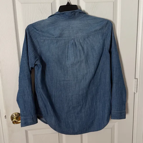 Chambray Button-Up Shirt in Medium Blue old navy small oversized - Image 3