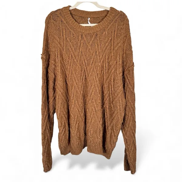 Free People Brown Cable Knit Chunky Oversized Sweater Womens L Fall Cozy Classic - Image 2