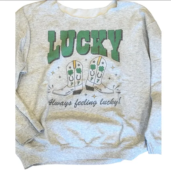 Lucky Sweatshirt Cowgirl Country Western Gray Green L Oversized - Image 2