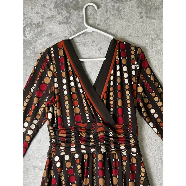 Vintage Retro Mod Polka Dot Surplice Fit & Flare Midi Dress Boho Fall 70s Chic M - Image 4