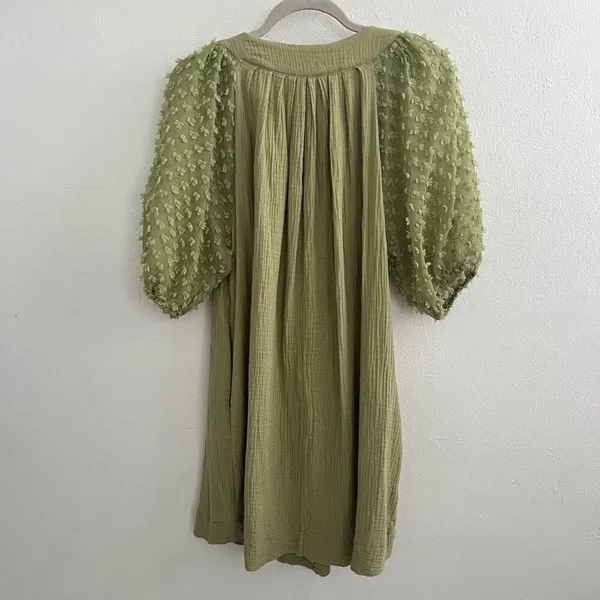 NEW Umgee Olive Green Swiss Dot Mini Dress Puff Sleeve MEDIUM Boho - Image 7