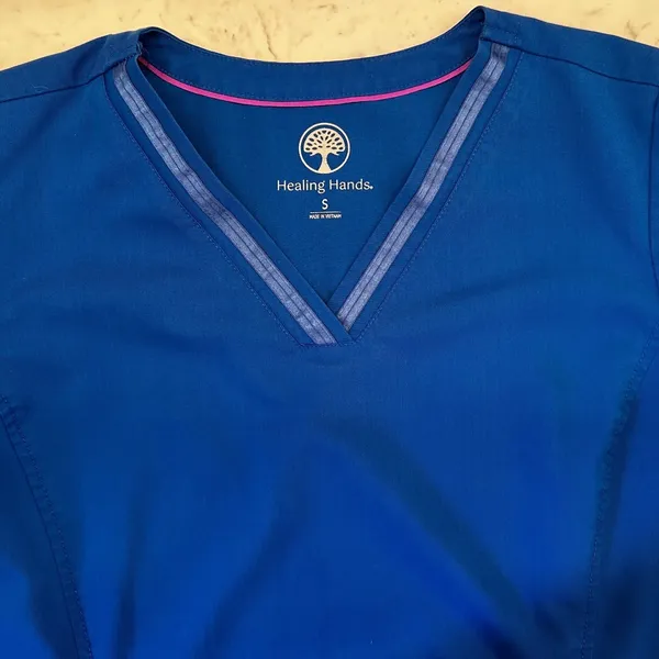 Healing Hands Scrubs Purple Label Jasmin Top Satin Ribbon Style Royal Blue Zip S - Image 2