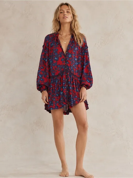 NEW Free People Red Floral Bohemian Keyhole Long Sleeve Mini Dress LRG Tunic - Image 5