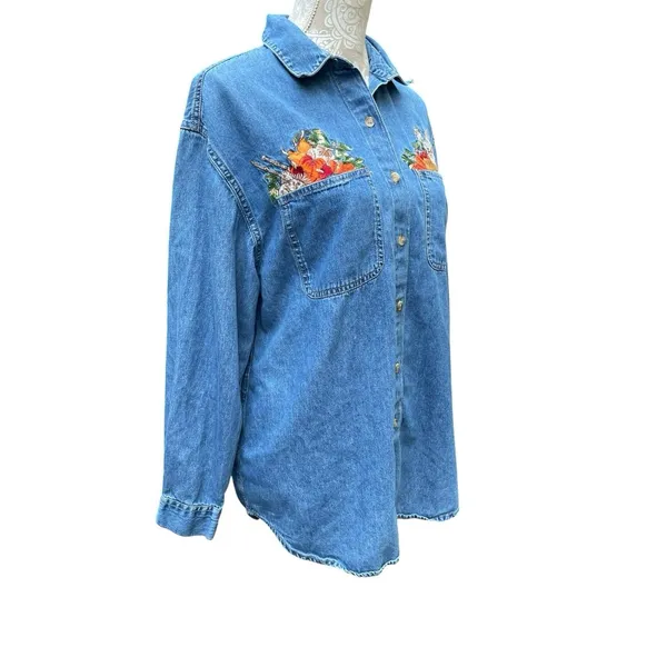 Vintage Cottagecore Autumn Embroidered Denim Shirt Harvest Teacher Western 90s M - Image 4