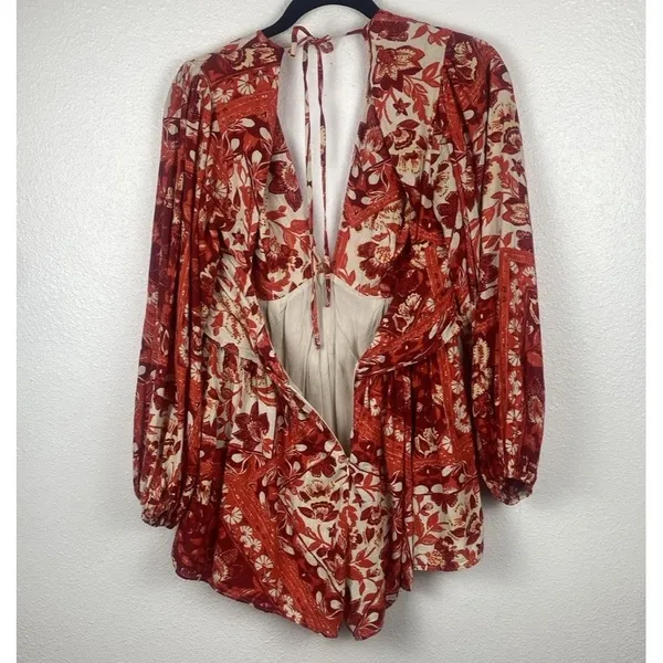 Free People Red Cream Floral V-Neck Long Balloon Sleeve Romper S Rayon - Image 9