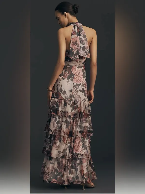 Dress The Population Maya Ruffle Halter Maxi Dress Medium Floral - Image 2