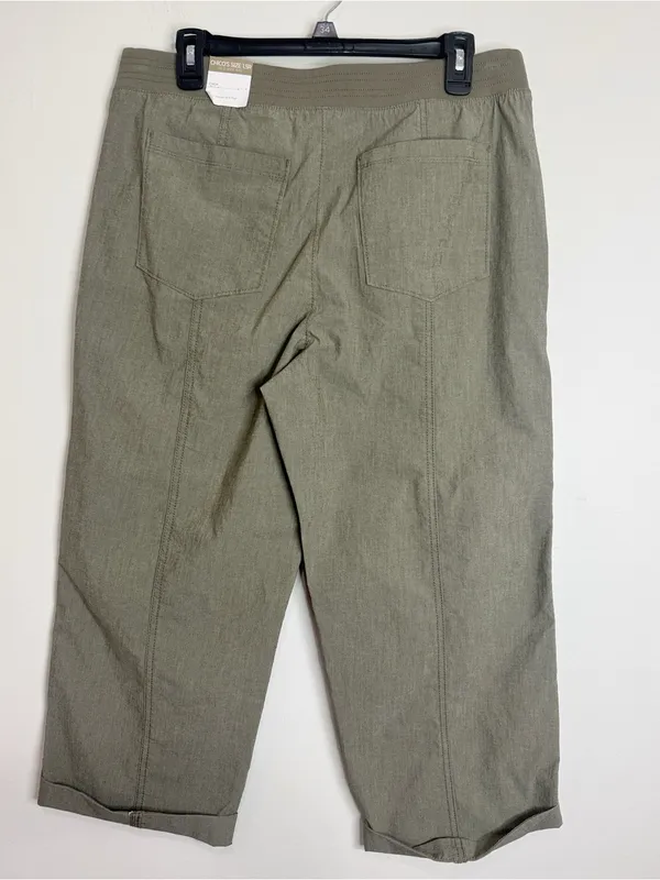 Chico’s Cuffed Cropped Tab Olive Green Seamed Pants elastic waistband Cotton 10 - Image 2
