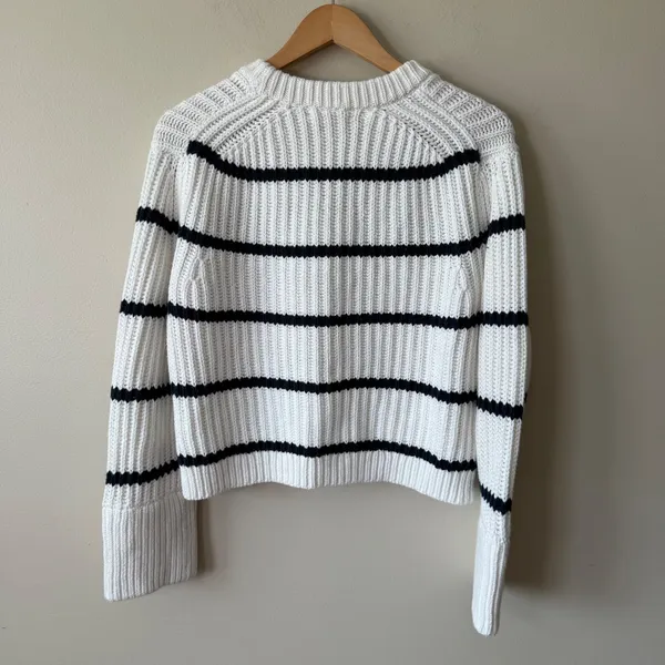 J.Crew Women 100% Cotton Sweater S White Blue Striped Cropped Pullover Nauica - Image 7