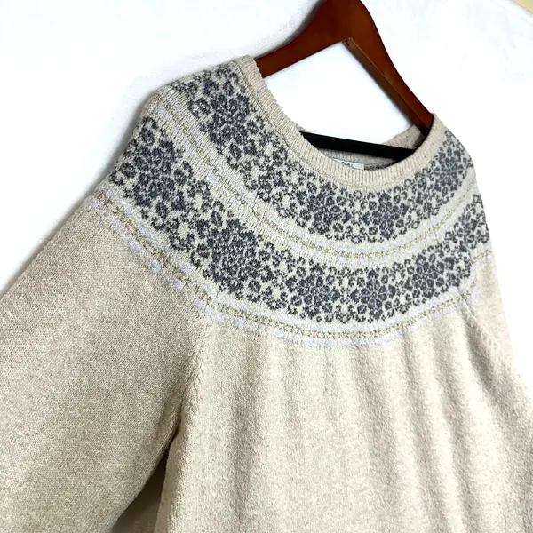 Croft & Barrow XL Fair Isle Yoke Sweater Beige Metallic Knit Cozy Winter Nordic - Image 2