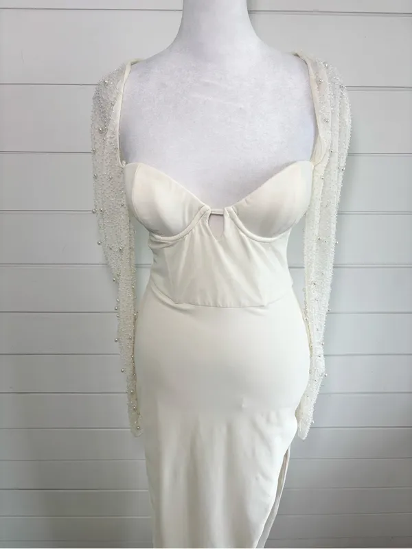 Oh Polly Ivory Pearl Beaded Sleeve Maxi Dress High Slit Formal Gown Size 4 - Image 4
