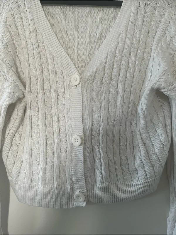 Hollister White Cable Knit Cropped Cardigan Small 100% Cotton Preppy Coastal - Image 3