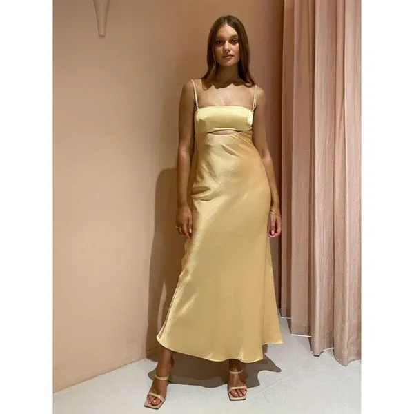 BEC & Bridge Carrie Yellow Satin Silk Sleeveless Cutout Cami Slip Midi Dress 4 - Image 4