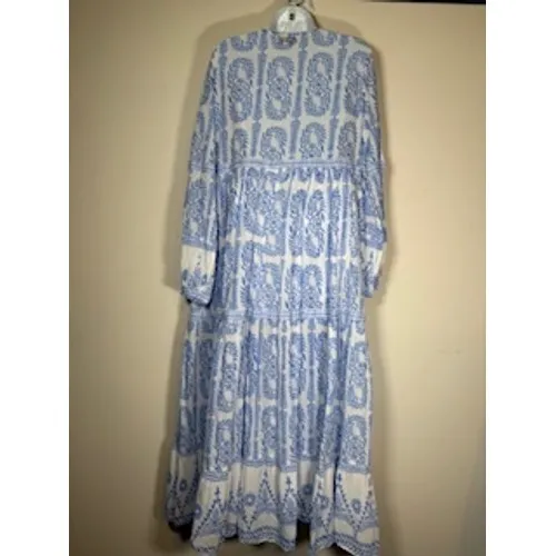 Vintage Ibiza Maxi Dress Blue White Block Print Tiered Resort Vacation Cotton M - Image 5