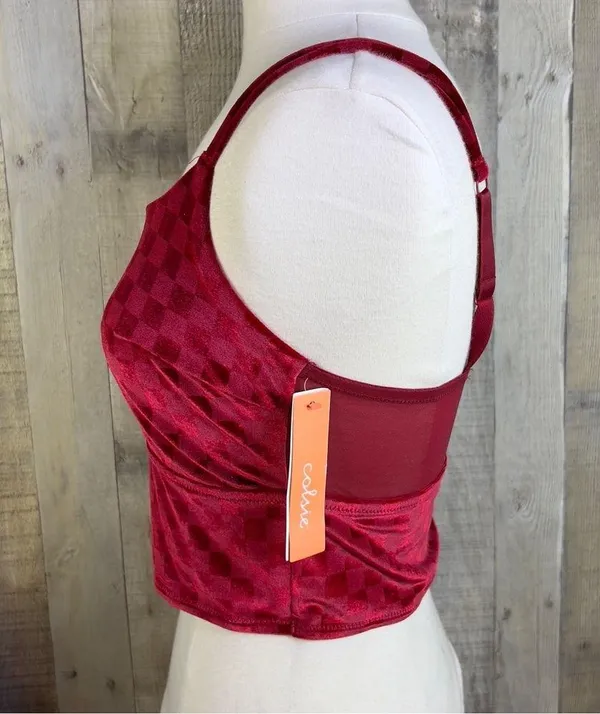 Colsie Red Large Checkered Velvet Crop Top Bralette With Adjustable Stra… - Image 3