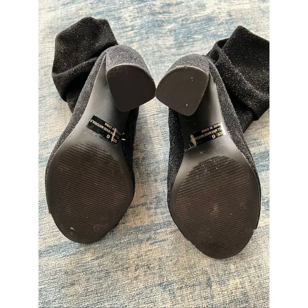 Qupid Black Sparkle Fabric Peep Toe Side Zip Block Heel Boots Size 6 - Image 9