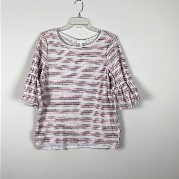 Max Studio Striped Bell Sleeve Top Cream Red Black Textured Size Medium NWT - Image 7
