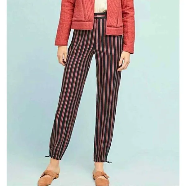 ANTHROPOLOGIE Striped Silky Tie Joggers in Black/Red‎ sz small - Image 4