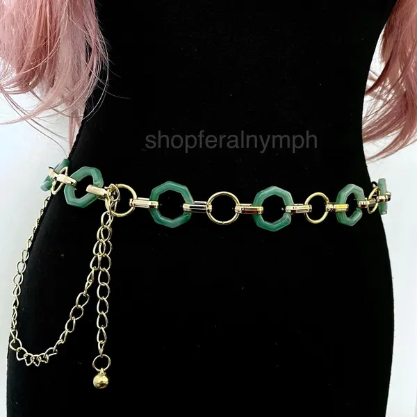 Gold Y2K Green Marbled Hexagon Open Ring Chain Belt, Fits 21-43 Inches, X7GA1356 - Image 4