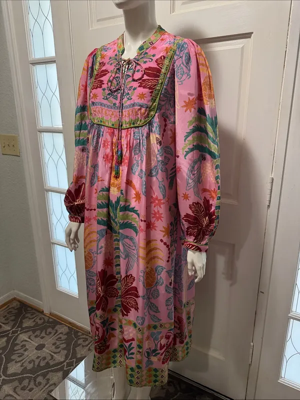 Fruits Queen Scarf Midi Dress Floral Bohemian Long Sleeve Size Medium - Image 8