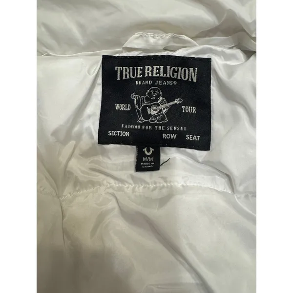 True Religion White Lightweight Puffer Jacket Women’s Medium Logo Zip Coat - Image 4