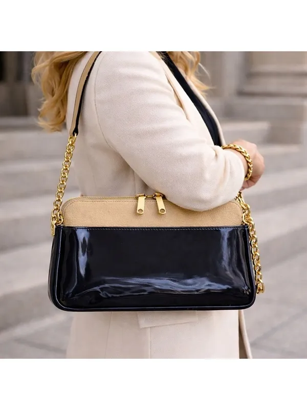 Authentic Chloé Lucy Two-Tone Leather Shoulder Bag Beige & Black Patent Leather - Image 2